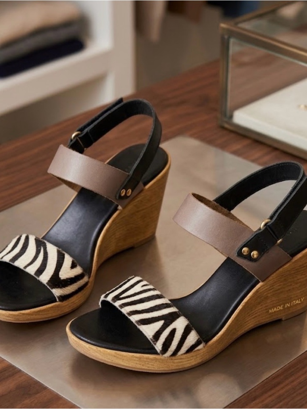 Mila Paoli Zebra Print Wedge Sandals with Brown Straps